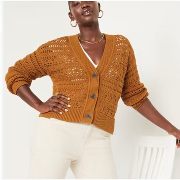 OLD NAVY Ochre Cropped Open-Knit Button Front Crochet Cardigan Size M - Picture 1 of 7
